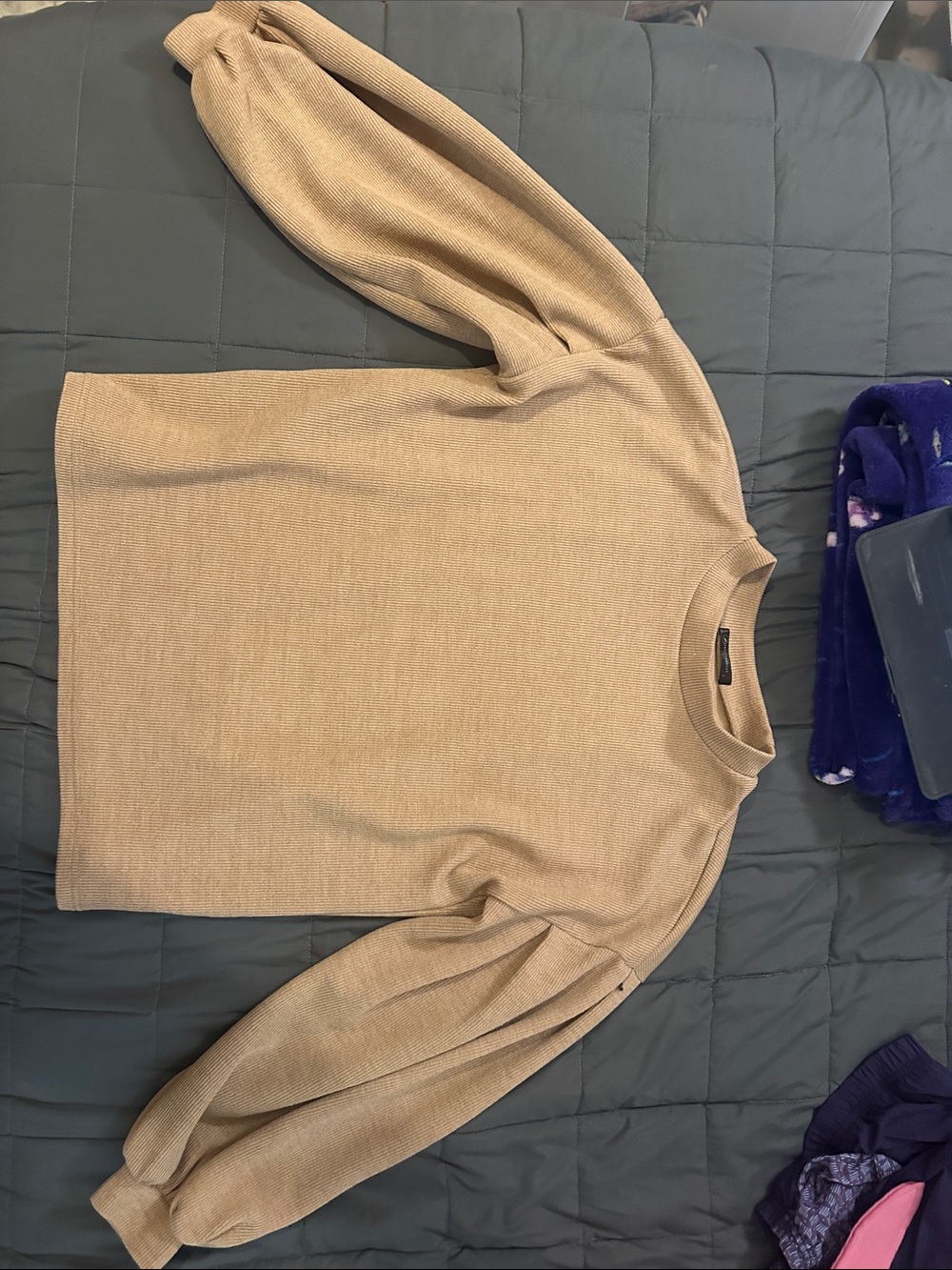 Camel Puff-Sleeve Crewneck Sweater